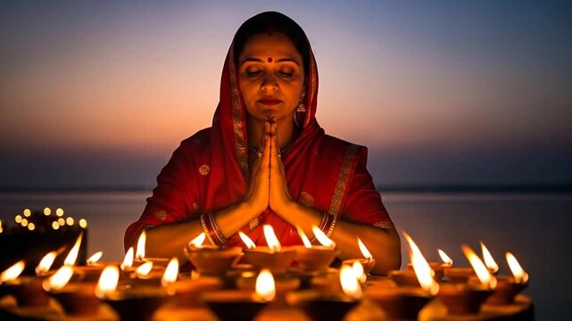 Female devotee Offering Prayers with Dim Candlelight by Water at Dusk