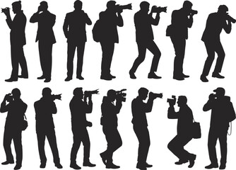 Black silhouettes of professional photographers in various poses holding cameras taking pictures and filming for media journalism and creative arts. © MstMoheja