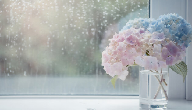 Hydrangea in a glass vase by the window with rain drops, cozy interior during rainy season