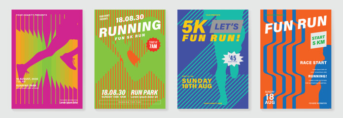 Sport event and fun run poster set vector with bright neon colors, geometric stripes, runner silhouettes, and bold typography. Dynamic advertising design for race promotion, charity events. © TWINS DESIGN STUDIO