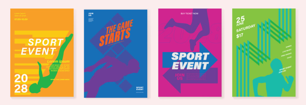 Sport event and fun run poster set vector with bright neon colors, geometric stripes, runner silhouettes, and bold typography. Dynamic advertising design for race promotion, charity events.