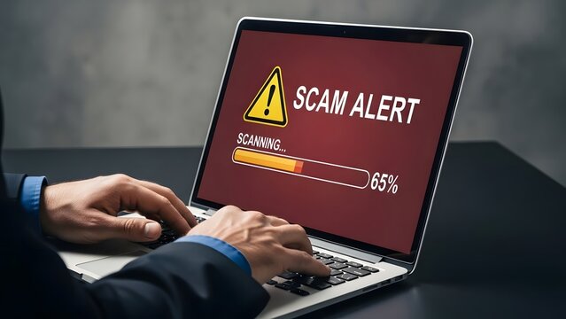 Person is typing on a laptop with a scam alert warning displayed on the screen