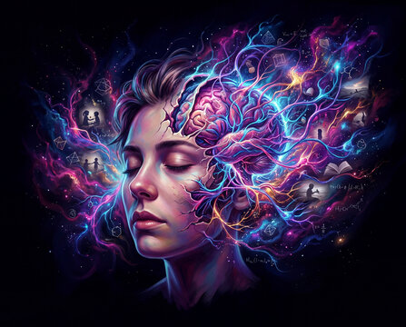 human head exploding into a galaxy of thoughts