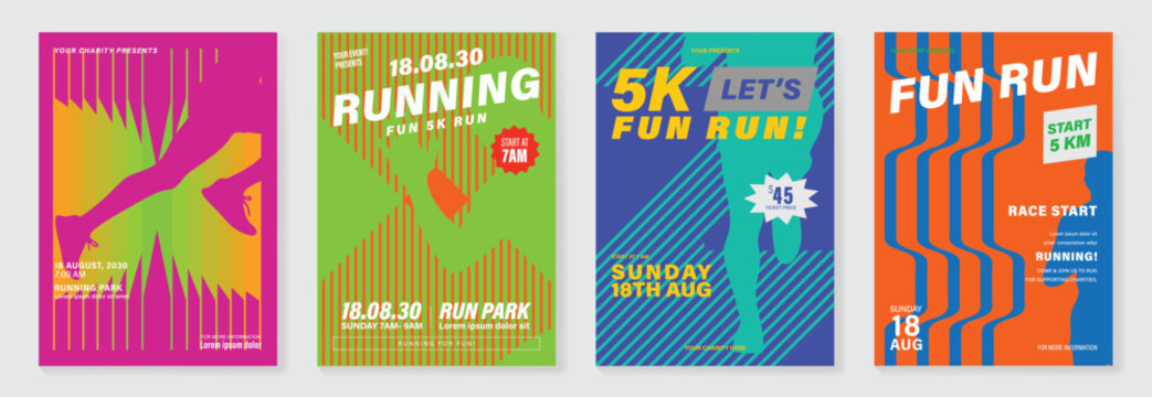 Sport event and fun run poster set vector with bright neon colors, geometric stripes, runner silhouettes, and bold typography. Dynamic advertising design for race promotion, charity events.