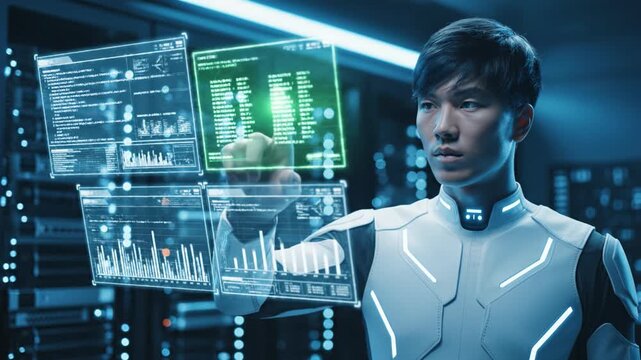 Futuristic technology digital interface data analysis cyber security young adult innovation hologram science fiction server room touchscreen advanced computer intelligent professional virtual control