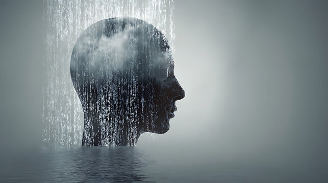 Abstract human head with rain and clouds inside, symbolizing depression, emotional burden and mental health struggle. Concept of sadness, anxiety, inner turmoil and overwhelming thoughts