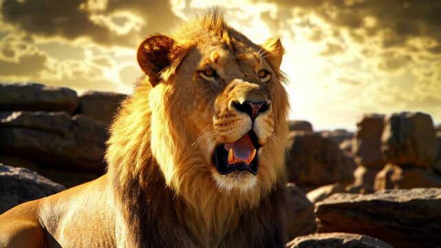 A majestic, powerful male african lion with a flowing golden-brown mane, opening jaws in assertive vocalization, showcasing sharp teeth. Set against a tempestuous sky and rugged landscape with