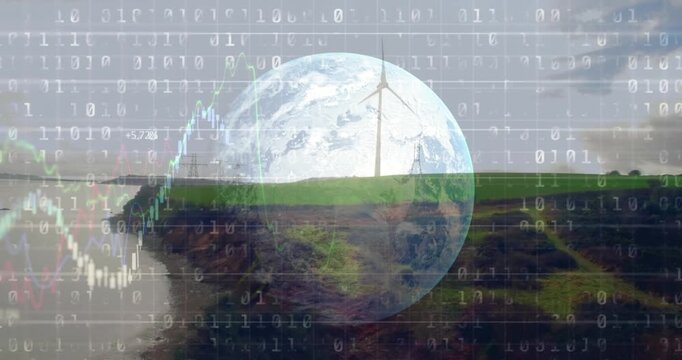 Animation of binary coding data processing over globe and landscape