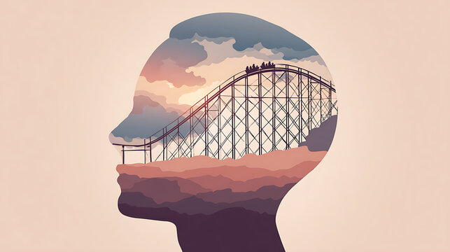 Double exposure of a human profile with a roller coaster, symbolizing emotional ups and downs, mental instability and life challenges. Concept of anxiety, mood swings and inner journey