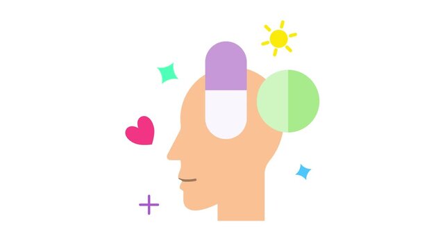 Mental Health Medication or Psychiatric Treatment 2d icon animation. A head with pills and bright symbols like a sun and heart, representing the role of medication in mental health and healing.