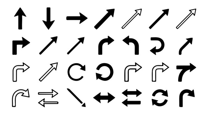 A collection of various black and white arrow icons on a transparent background