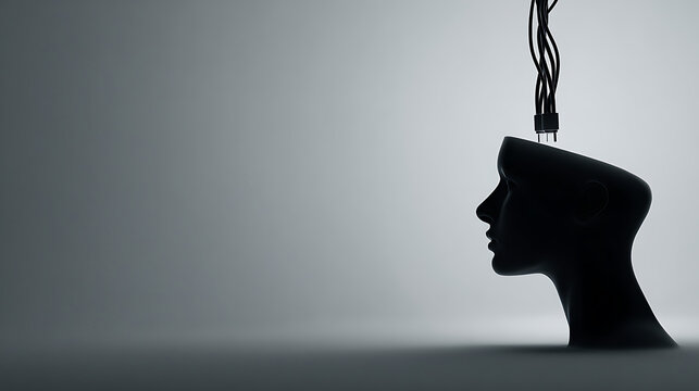 Mental health concept with human head connected to cables, symbolizing control, digital dependence, external influence, loss of autonomy, manipulation and psychological pressure