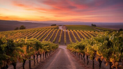 Fototapeta premium Vineyard at sunset with rolling hills and lush vines