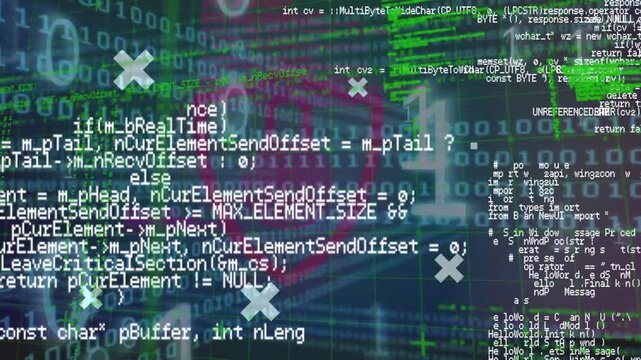 Animation of data processing over grid network against security padlock icon and binary coding