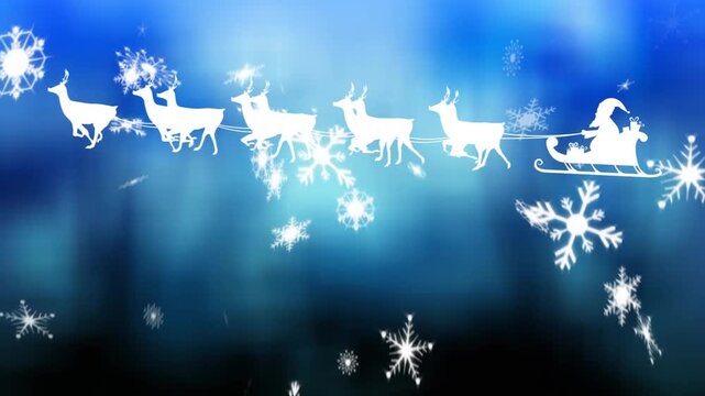 Animation of santa sleigh, snow falling on blue background