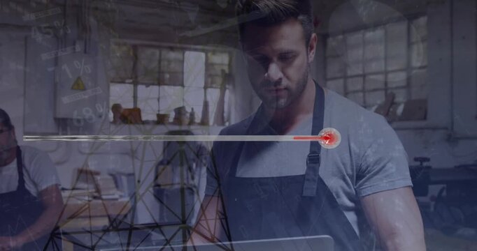 Animation of red arrow and data processing over caucasian workman and electricity pylons