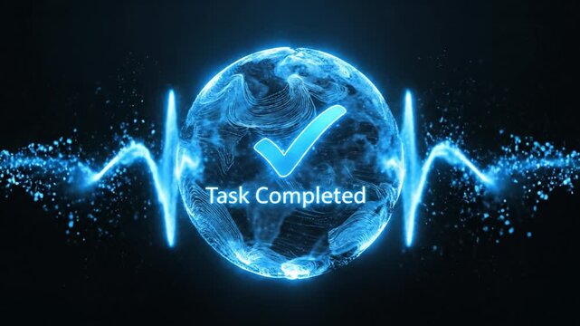 Glowing Blue Checkmark Digital Globe and Sphere Abstract Technology Success Achievement Energy Wave Futuristic Innovation Progress Positive Modern Design Swirling Light Patterns Cosmic Background