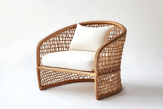 A light brown rattan single seat with white cushion, placed cleanly on white background 