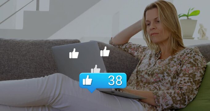 Mature woman typing, social bubble popping over lap, animating likes count rising to 95 engagement