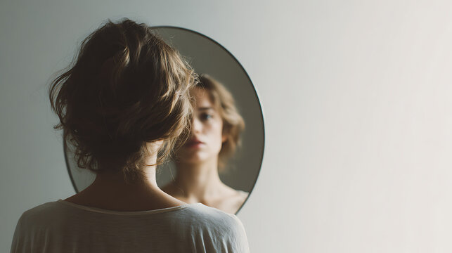Mental health concept with young woman looking at her blurred reflection in mirror, symbolizing identity, self doubt, anxiety, low self esteem, introspection, and emotional vulnerability