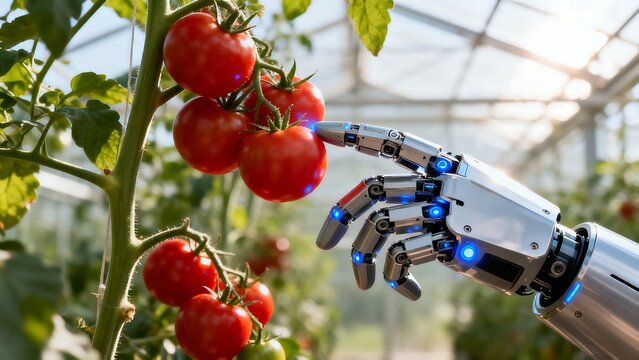 Robot hand harvesting tomatoes in greenhouse