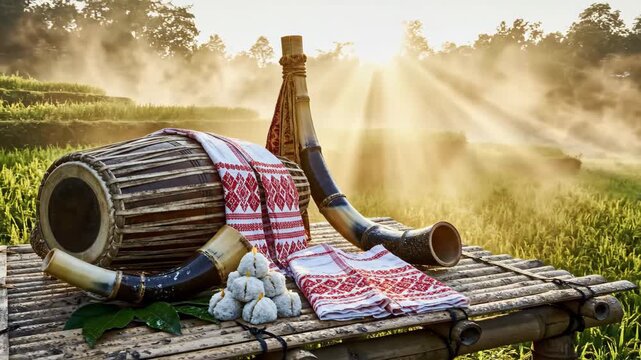 Golden sunrise illuminates traditional bihu instruments and textiles arranged for rongali bihu in misty assamese rice paddies.