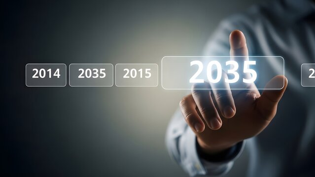 Hand selecting the year 2035 on a futuristic digital timeline interface