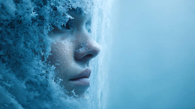 Mental health concept with frozen human face covered in ice and frost, symbolizing emotional numbness, depression, isolation, inner cold, burnout and psychological barriers or trauma