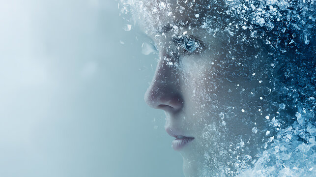 Mental health concept with frozen human face dissolving into ice particles, symbolizing emotional numbness, trauma, anxiety, inner pain, and gradual healing with light emerging