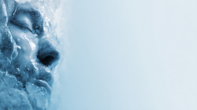 Frozen human face encased in ice, symbolizing cold, silence, and emotional numbness. Surreal concept of isolation, cryogenic sleep, winter stillness, and suspended life in a blue tone