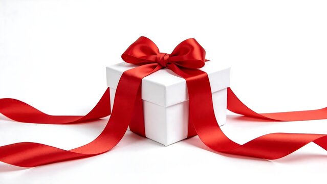 White gift box with red ribbon