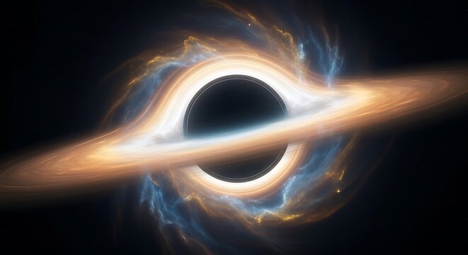 A stunning visualization of a supermassive black hole with a glowing accretion disk in deep space