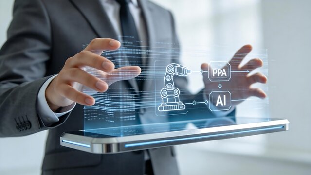 Businessman interacting with AI and robotic technology