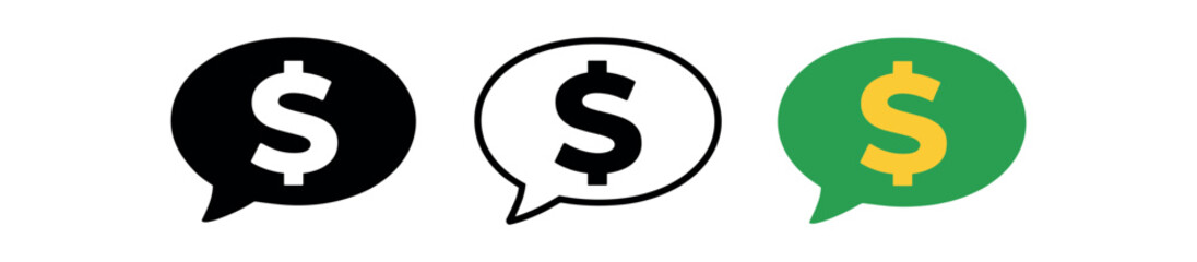 Fototapeta premium Three chat bubbles each containing a dollar sign in black, outline and colored versions
