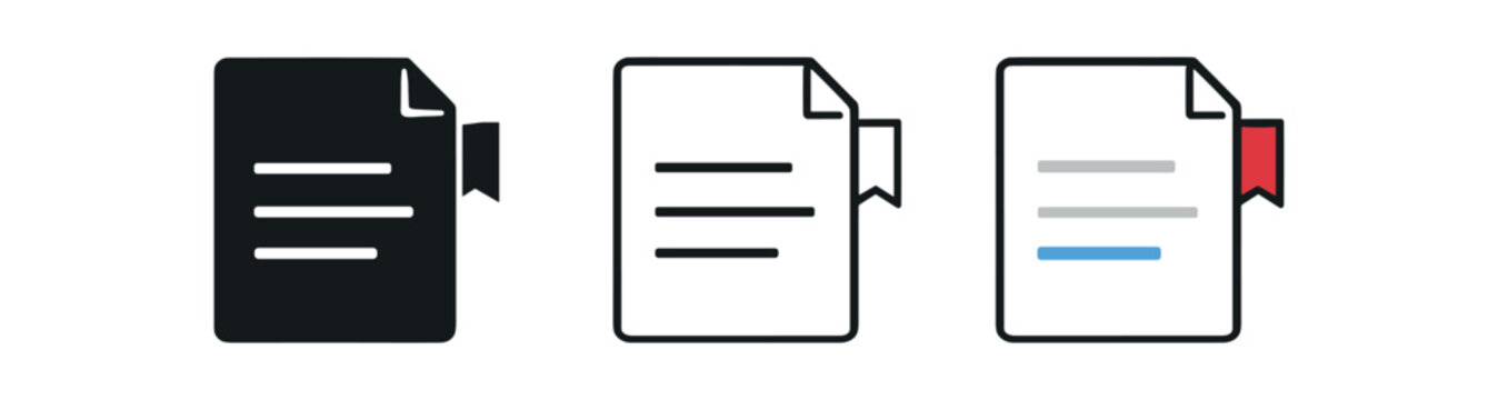 Three document icons with a corner bookmark in filled black, outline, and colored variants