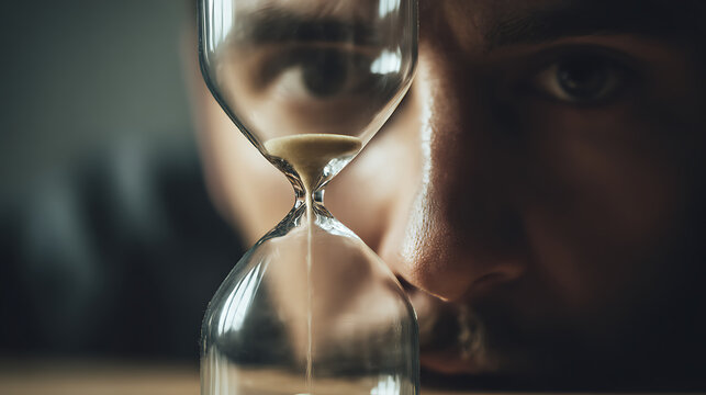 Close-up of man looking through hourglass symbolizing mental health, time pressure and anxiety. Concept of stress, burnout, urgency, overthinking and psychological tension