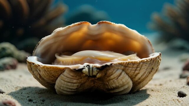 Close up of a clam shell detailed view on sandy seafloor