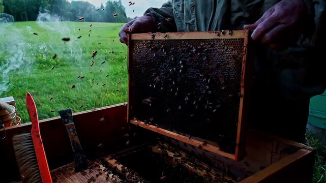 Close up of a beekeeper working with the honeycomb frame full of bees
