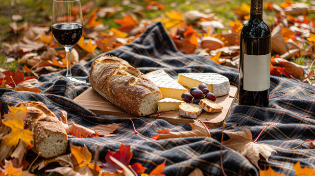 Picnic blanket with bread, cheese board and bottle of red wine surrounded by colorful autumn leaves. AI generative