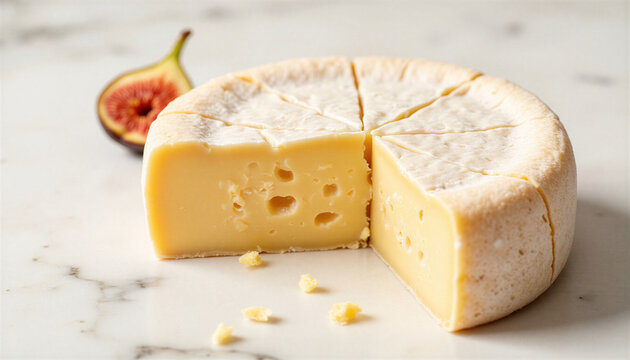 Cheese wheel with a slice removed and fig on marble background  