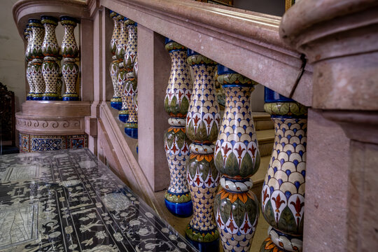 Colored balusters on the ancient staircase in the palace.