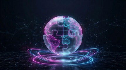 Obraz premium Digital world puzzle globe glowing with neon light, symbolizing global connection, data integration, and technological advancements across continents