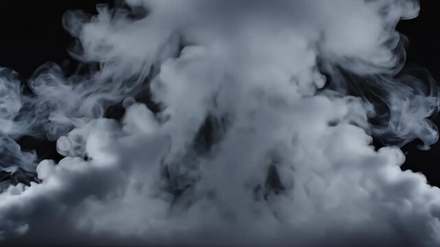 Dynamic white smoke and fog plumes expanding against a dark backdrop, perfect for overlays and effects.