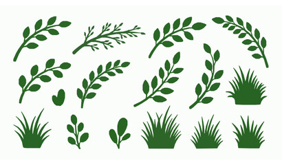 Hand-drawn green branch and grass silhouettes vector set isolated on white for botanical nature design © MdMoymul