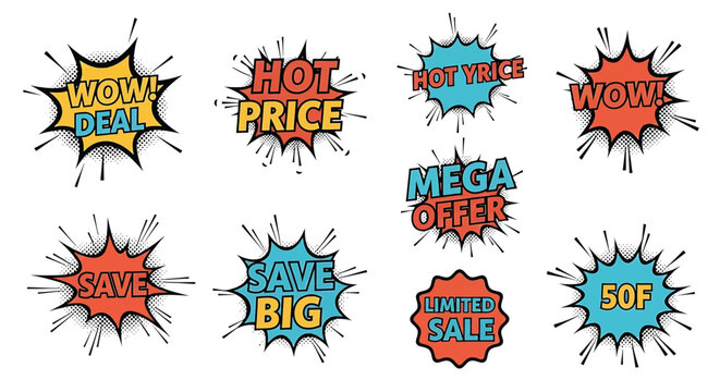 Vector  illustration of Collection of comic book style sale promotion bubbles with halftone dots isolated on white background