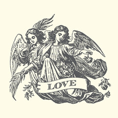 Naklejka premium Two cherubs with wings holding love banner vintage engraved illustration romantic symbolism
