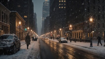Fototapeta premium Snowy urban scene with street, buildings, cars, and pedestrians under a falling snow and street lights