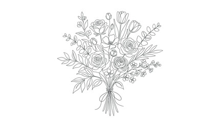 Fototapeta premium Beautiful continuous line art floral bouquet featuring various blooming flowers and delicate leaves tied with a ribbon, perfect for elegant design elements.