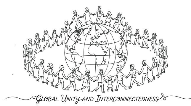 Diverse people holding hands around the globe symbolize global unity, peace, and the interconnectedness of humanity in a harmonious world.