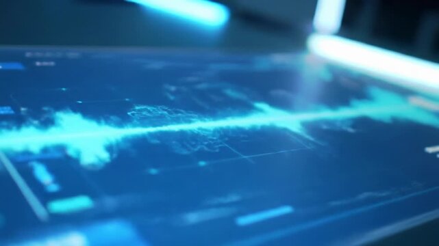 A detailed close-up video of a sleek transparent display, optionally touched by a professional hand, showcasing a futuristic UI with vibrant blue/cyan data visualizations, geometric grids, and
